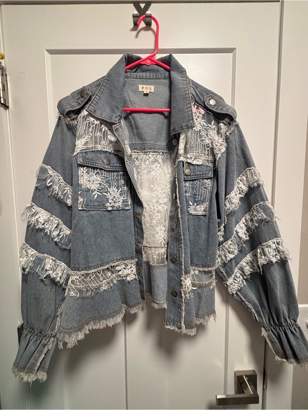 POL Lace Detail Denim Jacket Size Small NWOT Boho Frayed Snap Front - Picture 2 of 7
